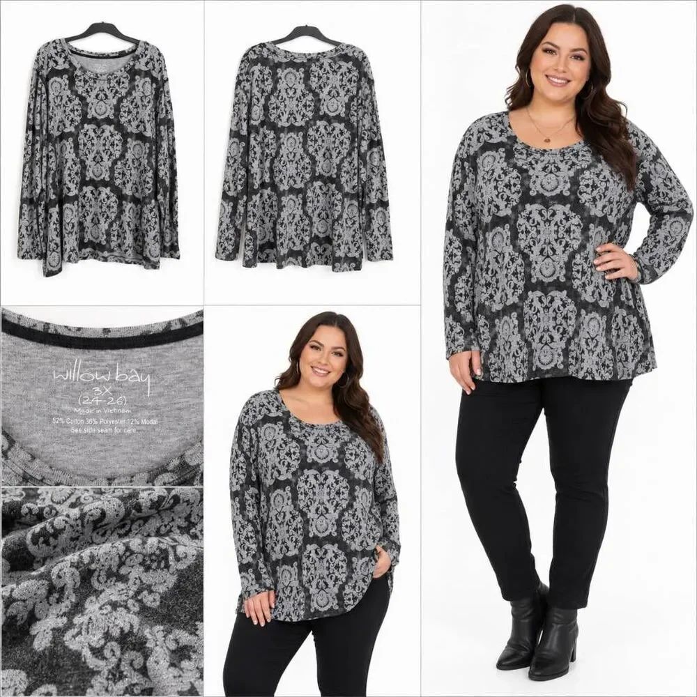 Willow Bay Gray Black Damask Long Sleeve Top 3X